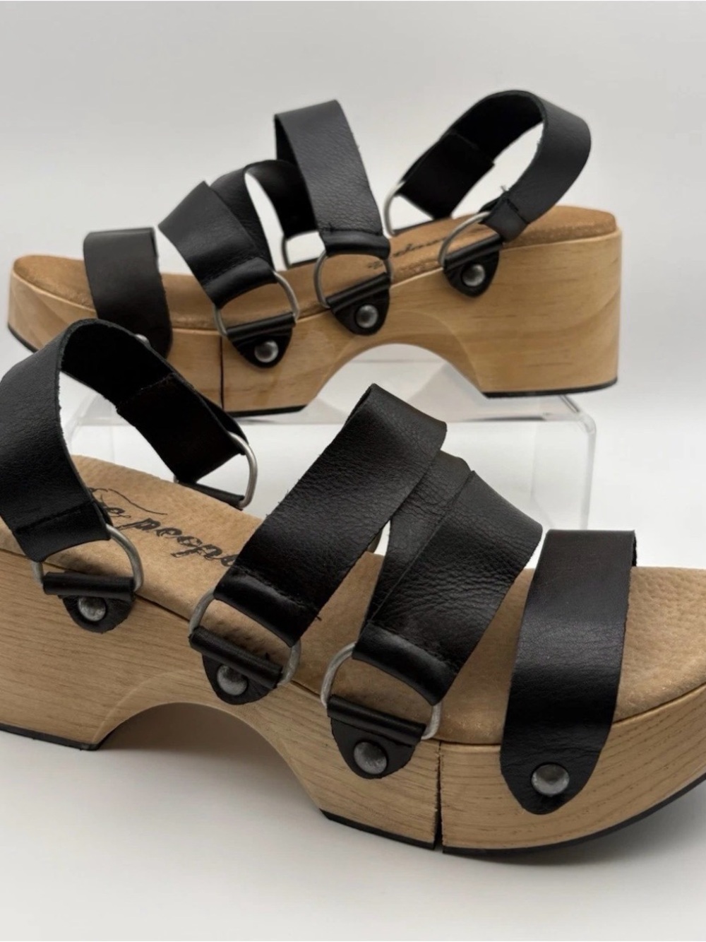 Free People Black Leather Strappy Wood-Effect Platform Sandals